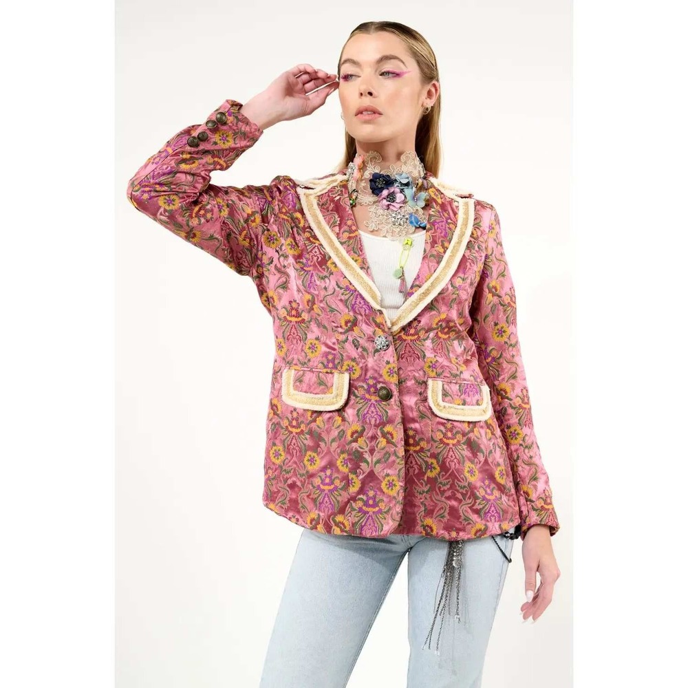 Aratta Silent Journey Renaissance Silk Jacquard Blazer Pink Floral Brocade Sz XS - Picture 3 of 12